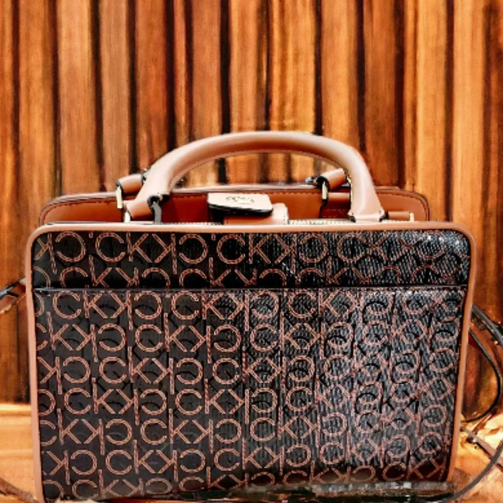 NWOT Calvin Klein Margot Textured Logo Emboss Tote Satchel Brown/Khaki